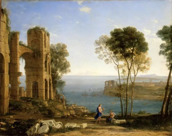 Coast View with Apollo and the Cumaean Sibyl (1645) by Claude Lorrain — original painting reproduced as a hand-painted oil on canvas