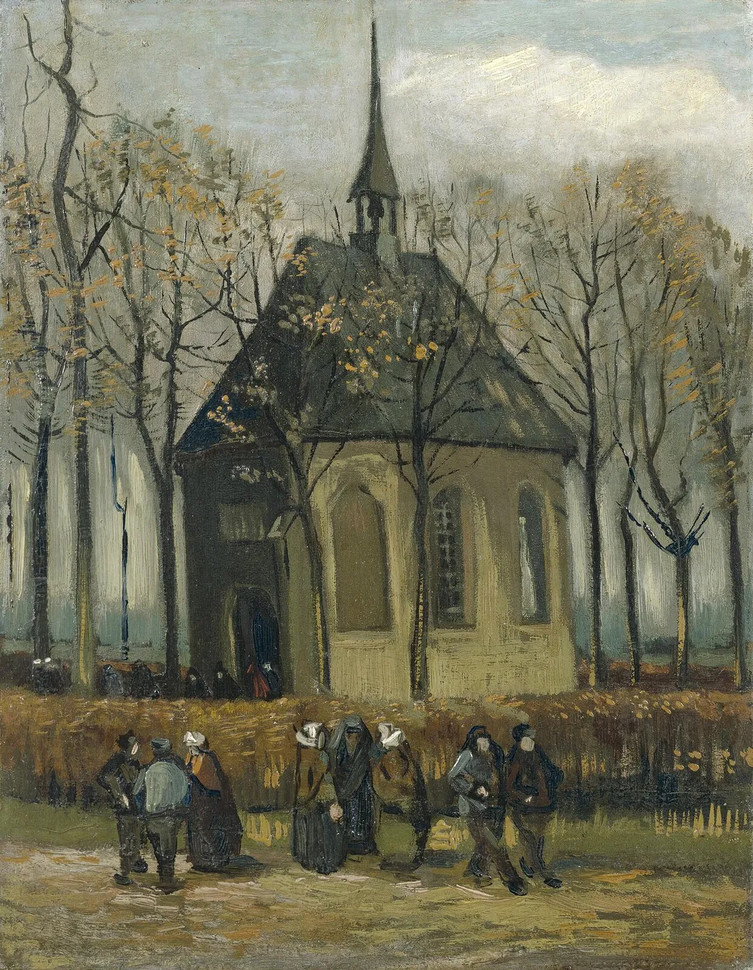 Congregation Leaving the Reformed Church in Nuenen (1880) by Vincent van Gogh — original painting reproduced as a hand-painted oil on canvas