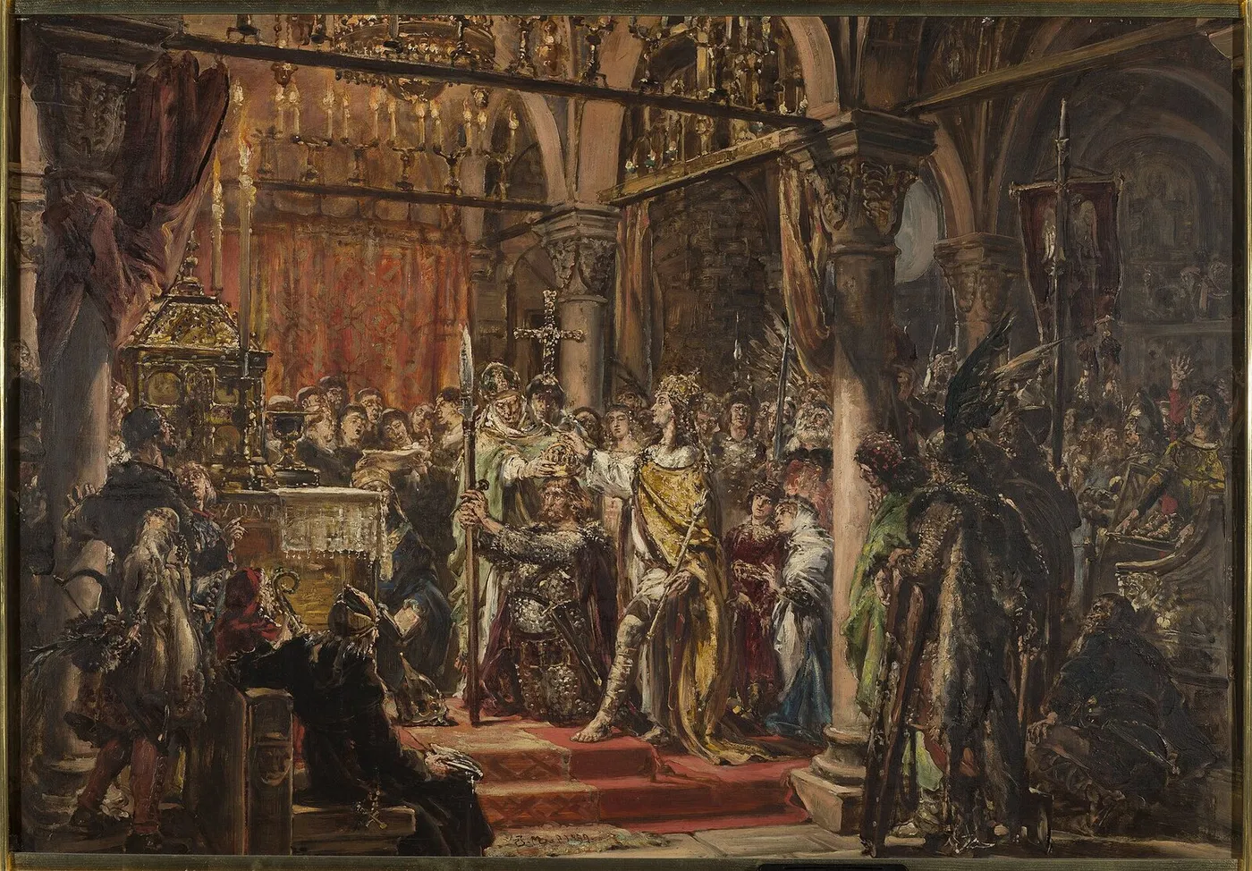 Coronation of the First King, 1001 AD, from the series “History of Civilization in Poland” (1889) by Jan Matejko — original painting reproduced as a hand-painted oil on canvas