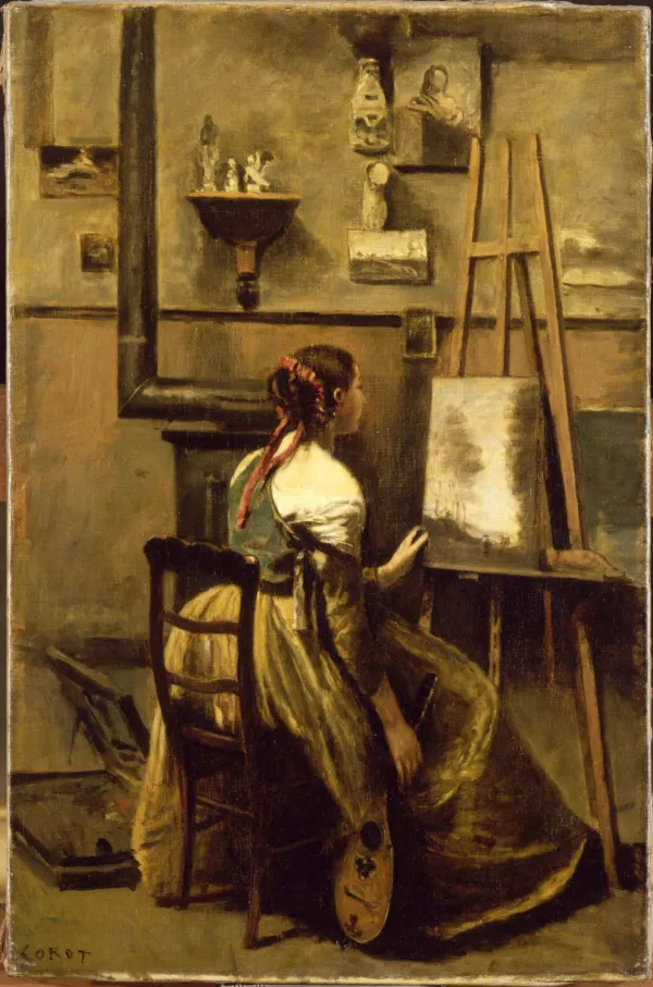 Corot's Studio (1873) by Jean-Baptiste Camille Corot — original painting reproduced as a hand-painted oil on canvas