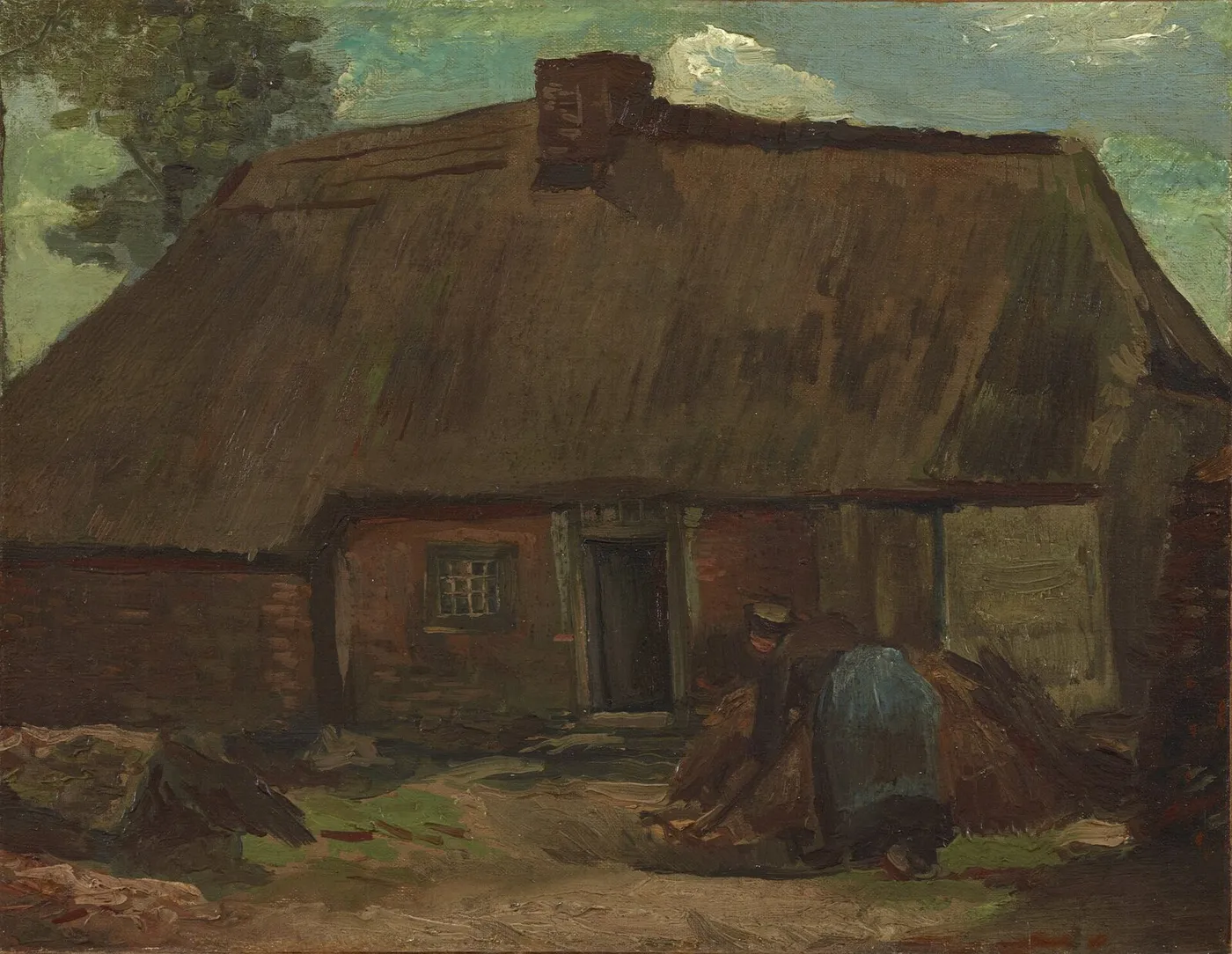 Cottage with Peasant Woman Digging (1885) by Vincent van Gogh — original painting reproduced as a hand-painted oil on canvas