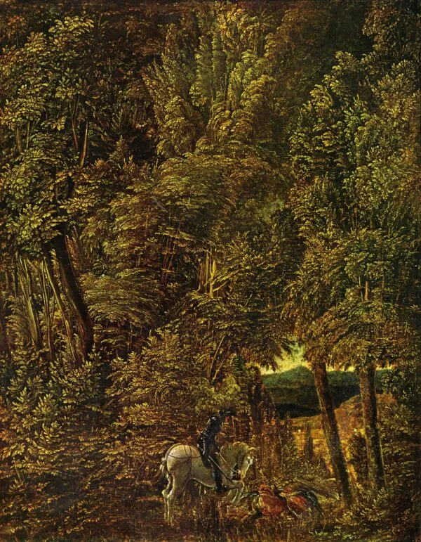 Countryside of Wood With Saint George Fighting the Dragon (1510) by Albrecht Altdorfer — original painting reproduced as a hand-painted oil on canvas