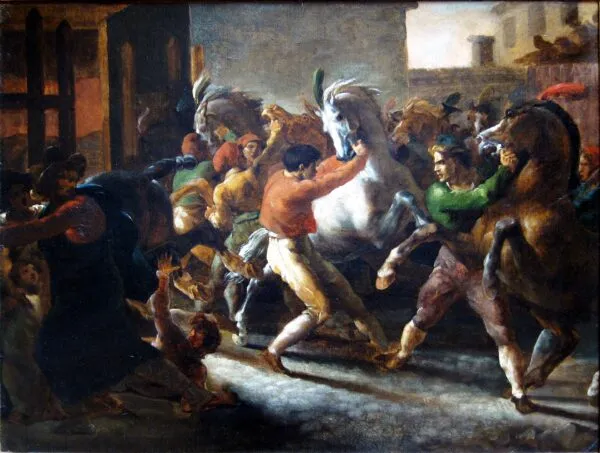 Course de chevaux libres à Rome (1817) by Théodore Géricault — original painting reproduced as a hand-painted oil on canvas