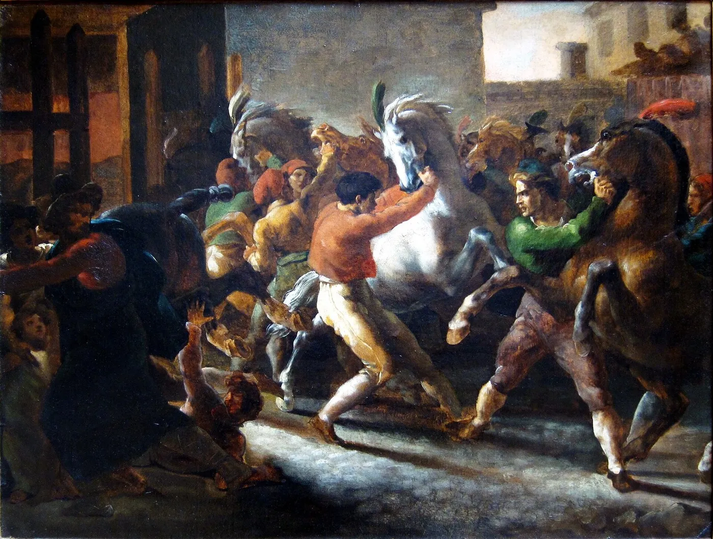 Course de chevaux libres à Rome (1817) by Théodore Géricault — original painting reproduced as a hand-painted oil on canvas