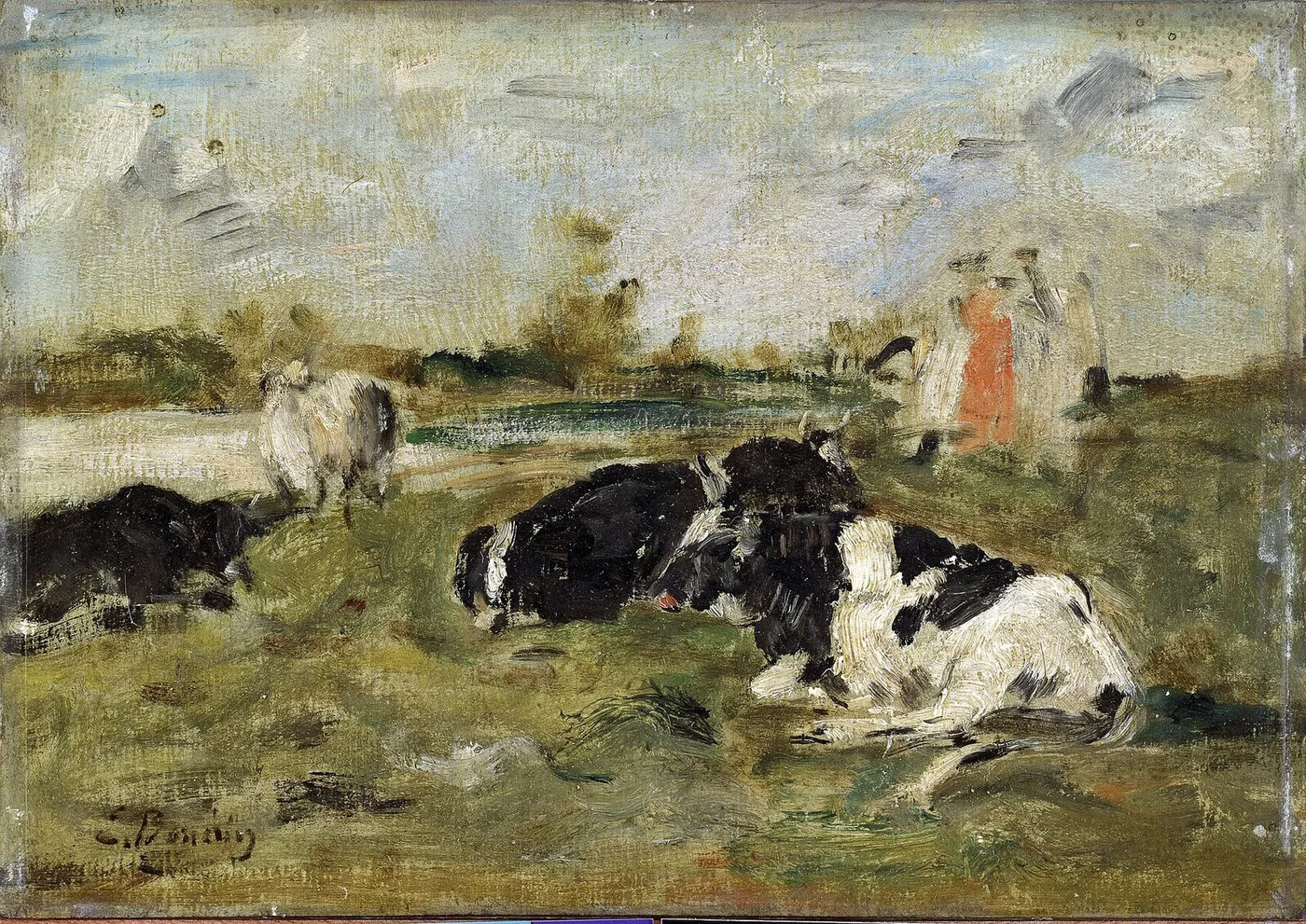 Cows on the meadow (1850) by Eugène Louis Boudin — original painting reproduced as a hand-painted oil on canvas