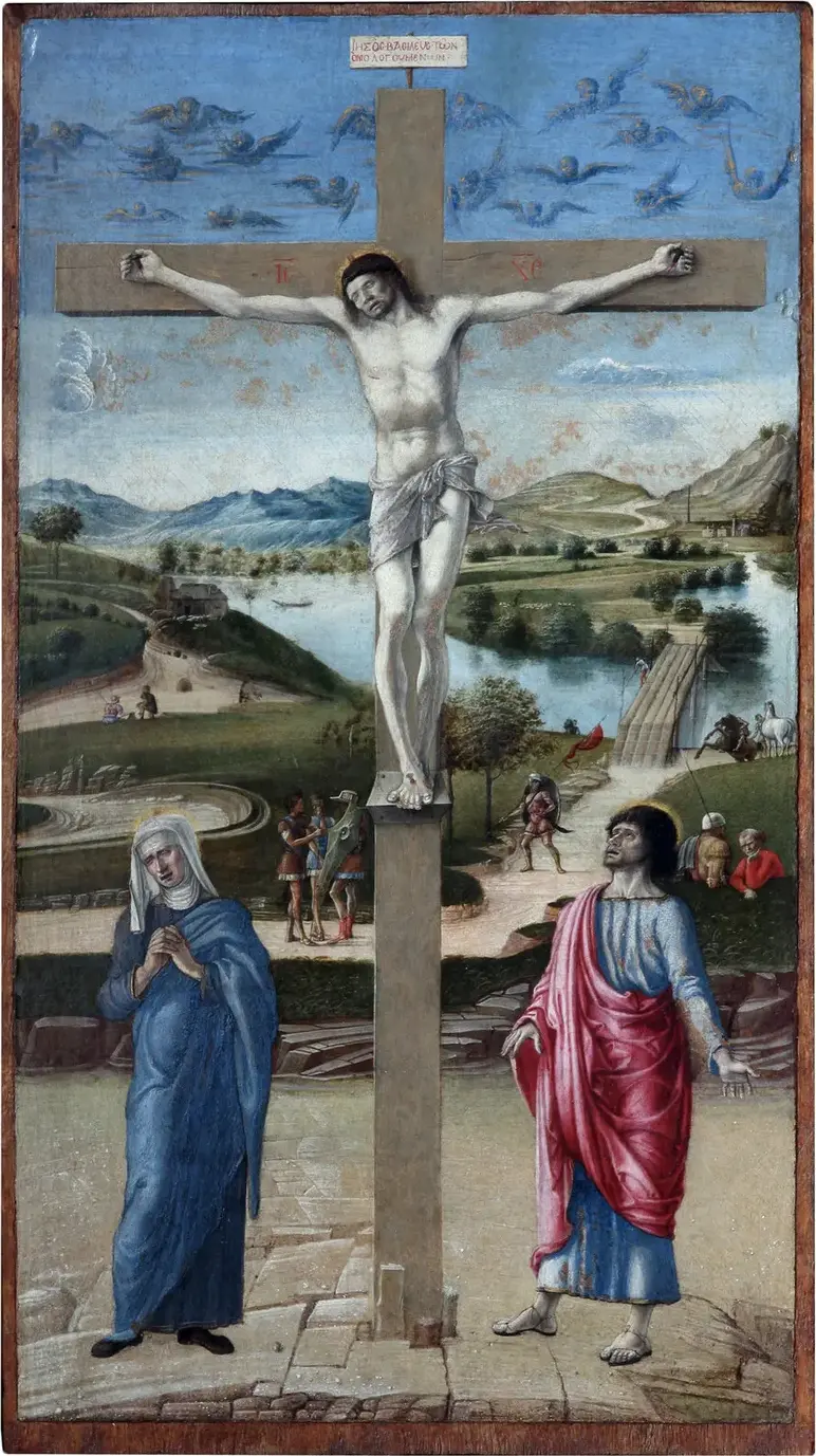 Crucifixion (1465) by Giovanni Bellini — original painting reproduced as a hand-painted oil on canvas