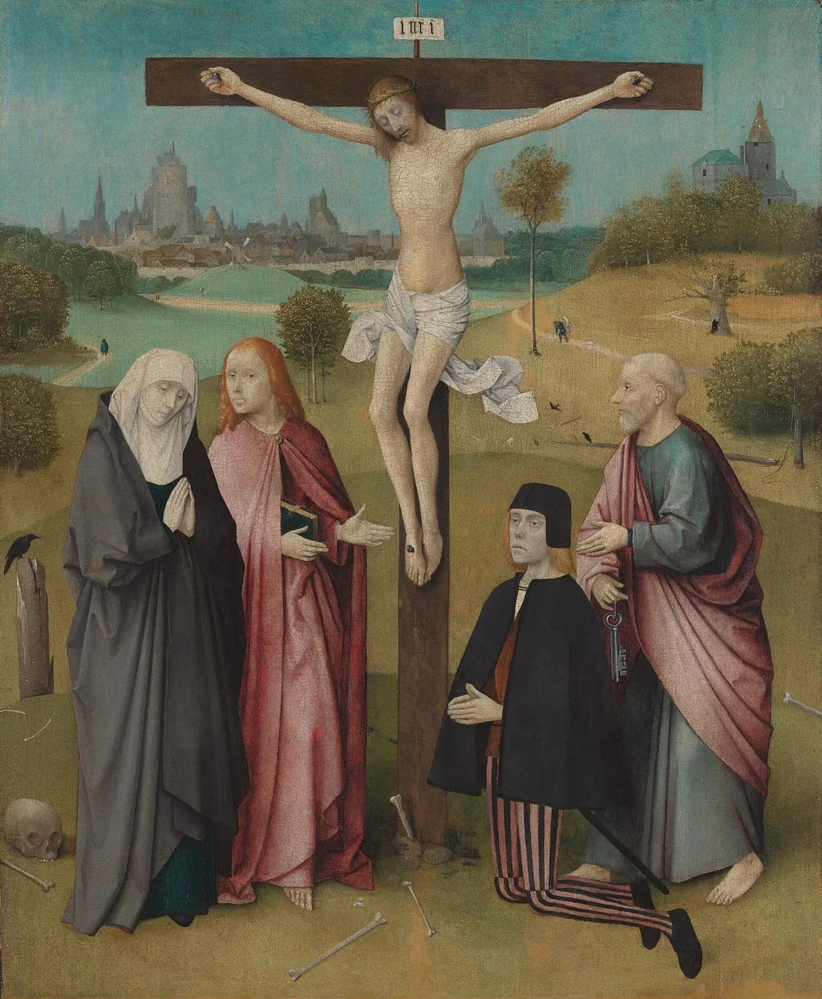 Crucifixion with a Donor (1485) by Hieronymus Bosch — original painting reproduced as a hand-painted oil on canvas
