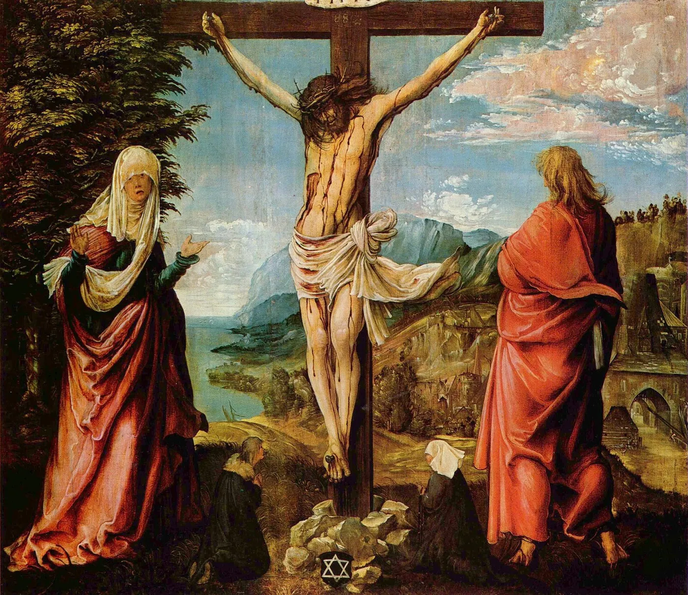 Crucifixion with Mary and John (1512) by Albrecht Altdorfer — original painting reproduced as a hand-painted oil on canvas