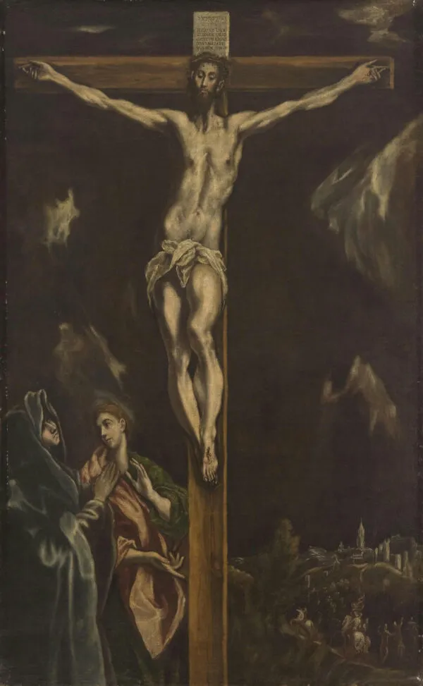 Crucifixion with the Virgin Mary and Saint John the Evangelist (1600) by El Greco — original painting reproduced as a hand-painted oil on canvas