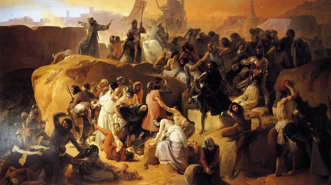 Crusaders Thirsting near Jerusalem (1850) by Francesco Hayez — original painting reproduced as a hand-painted oil on canvas