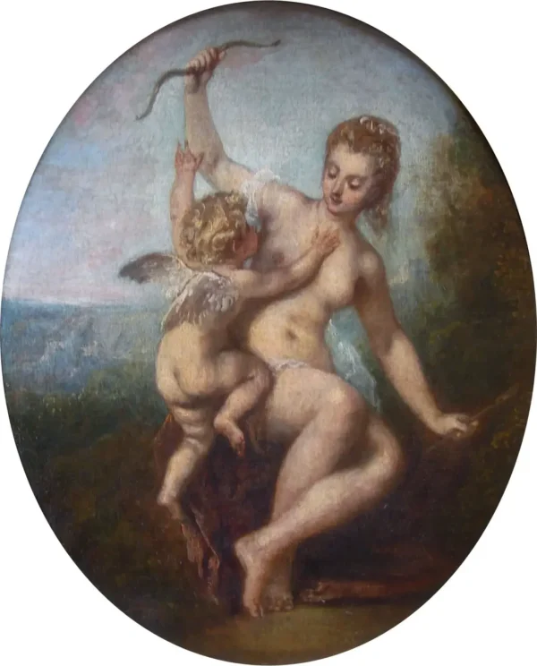 Cupid Disarmed (1715) by Jean-Antoine Watteau — original painting reproduced as a hand-painted oil on canvas