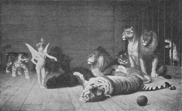 Cupid tames predators (1889) by Jean-Léon Gérôme — original painting reproduced as a hand-painted oil on canvas
