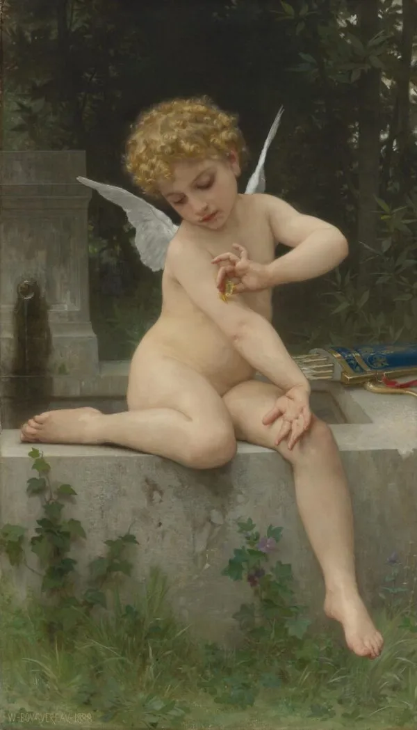 Cupid with a Butterfly (1888) by William-Adolphe Bouguereau — original painting reproduced as a hand-painted oil on canvas