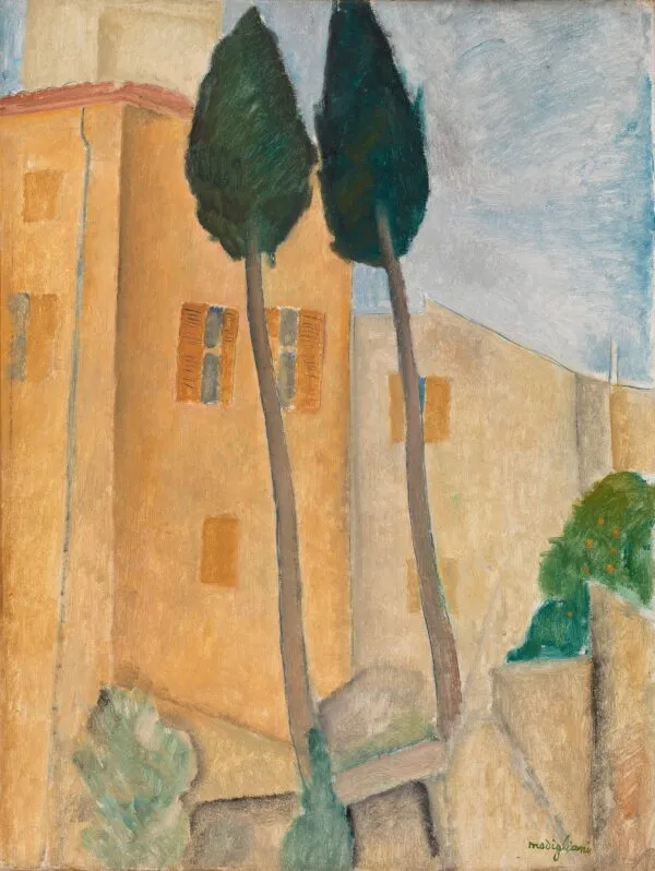 Cypresses and Houses at Cagnes (1919) by Amedeo Modigliani — original painting reproduced as a hand-painted oil on canvas