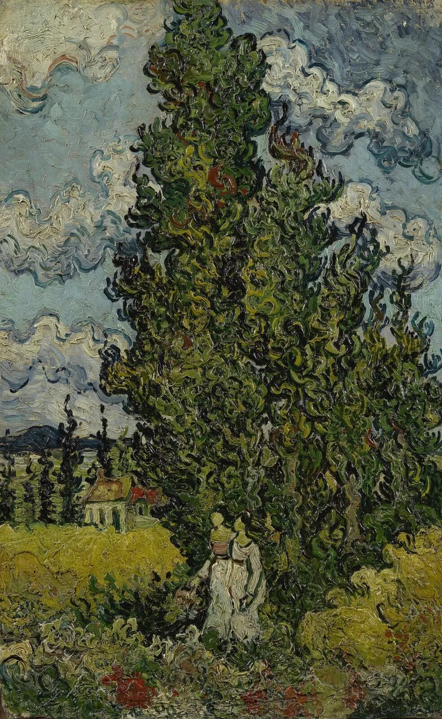 Cypresses and Two Women (1890) by Vincent van Gogh — original painting reproduced as a hand-painted oil on canvas