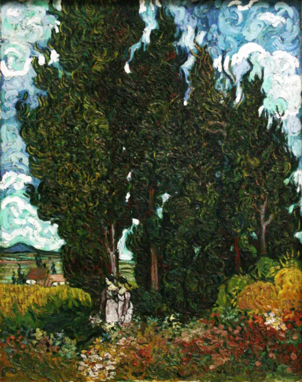 Cypresses with two figures (1889) by Vincent van Gogh — original painting reproduced as a hand-painted oil on canvas