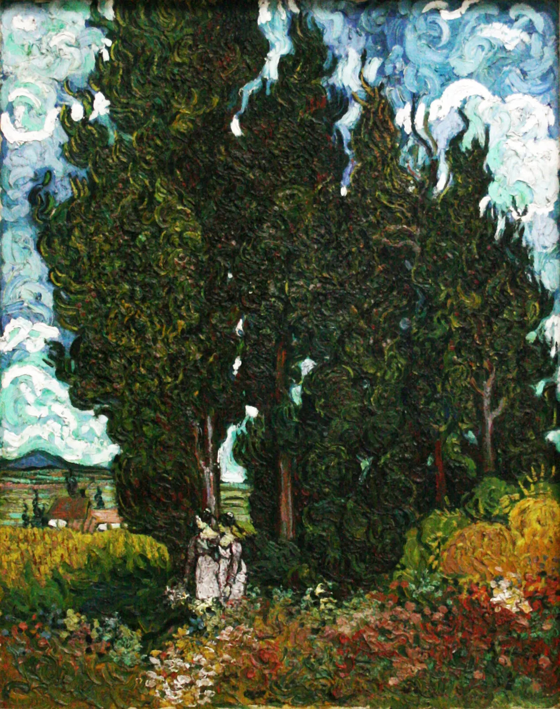 Cypresses with two figures (1889) by Vincent van Gogh — original painting reproduced as a hand-painted oil on canvas