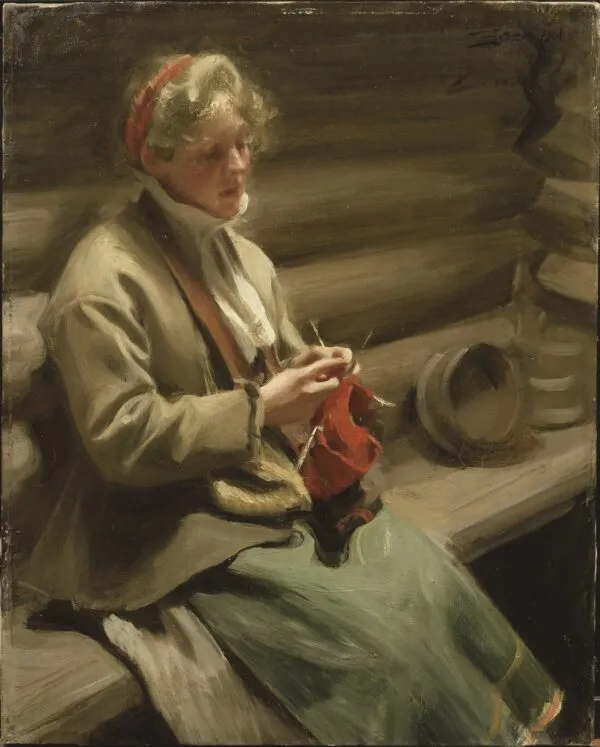Dalecarlian Girl Knitting. Cabbage Margit (1901) by Anders Zorn — original painting reproduced as a hand-painted oil on canvas