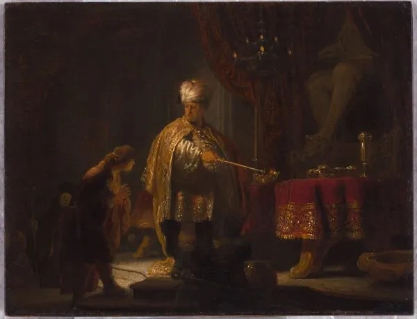 Daniel and Cyrus Before the Idol Bel (1633) by Rembrandt — original painting reproduced as a hand-painted oil on canvas