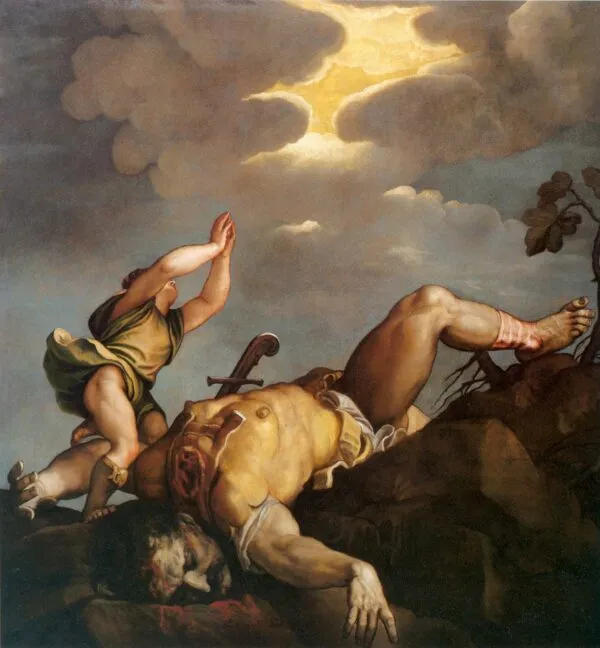 David and Goliath (1542) by Titian — original painting reproduced as a hand-painted oil on canvas