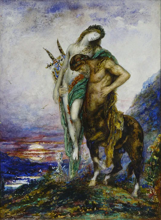 Dead Poet Carried by a Centaur (1890) by Gustave Moreau — original watercolour reproduced as a hand-painted oil on canvas