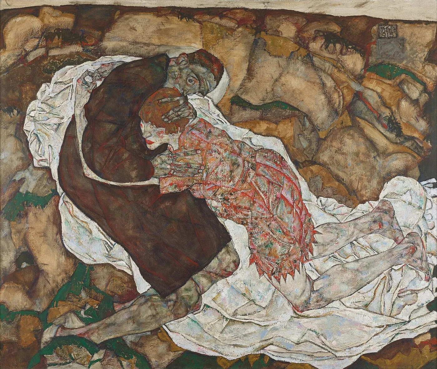 Death and the Maiden (1915) by Egon Schiele — original painting reproduced as a hand-painted oil on canvas