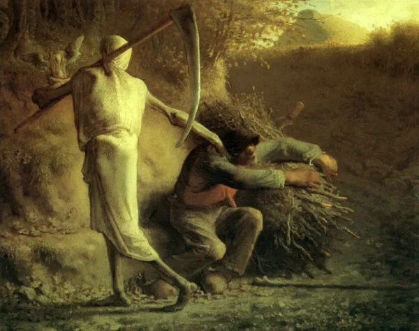 Death and the Woodcutter (1859) by Jean-François Millet — original painting reproduced as a hand-painted oil on canvas