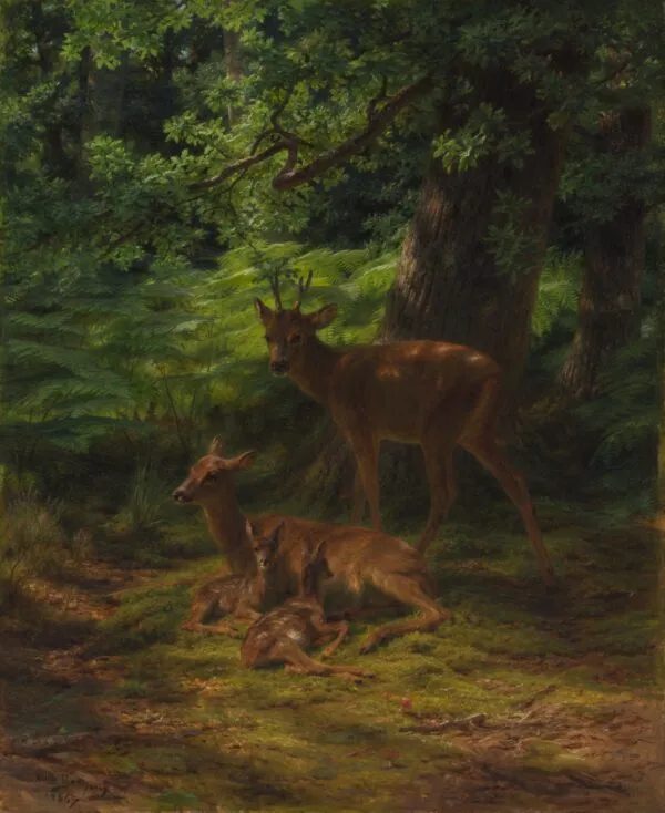 Deer in Repose (1867) by Rosa Bonheur — original painting reproduced as a hand-painted oil on canvas