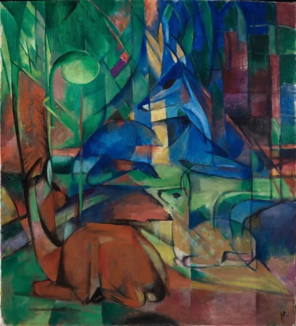 Deer in the forest II (1914) by Franz Marc — original painting reproduced as a hand-painted oil on canvas