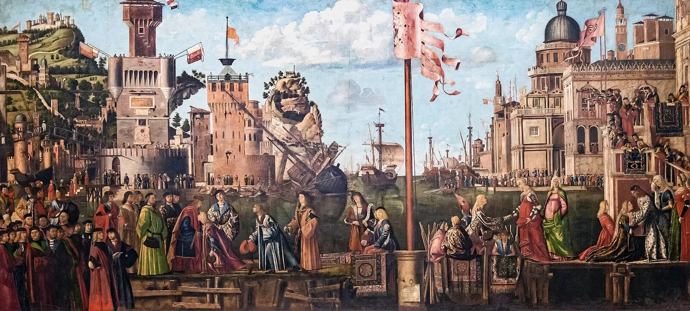 Departure of the Pilgrims (1495) by Vittore Carpaccio — original painting reproduced as a hand-painted oil on canvas