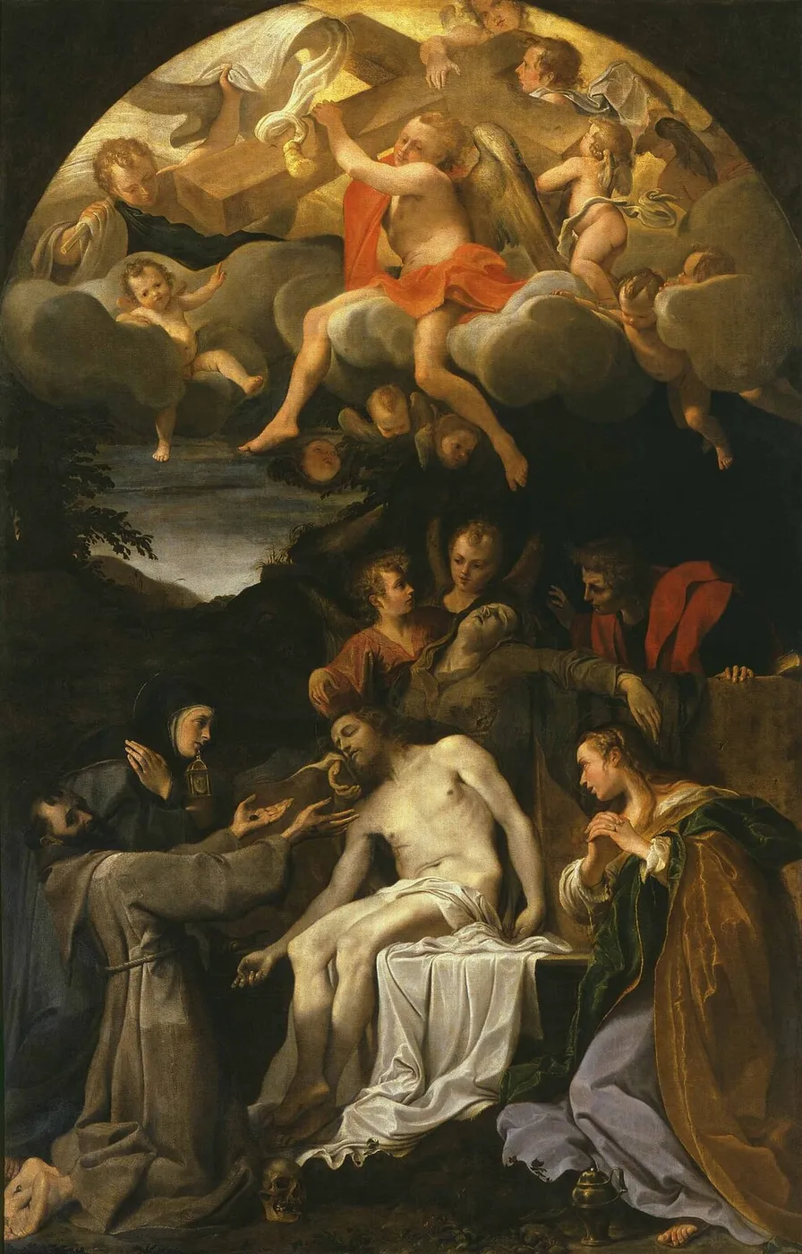 Deposition, with Saints Claire, Francis, Magdalene and John (1585) by Annibale Carracci — original painting reproduced as a hand-painted oil on canvas