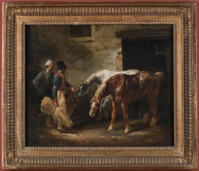 Deux chevaux de poste à la porte d'une écurie (1821) by Théodore Géricault — original painting reproduced as a hand-painted oil on canvas