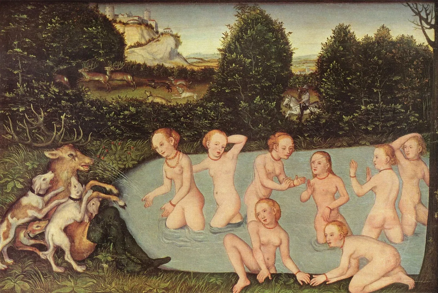 Diana and Actaeon (1540) by Lucas Cranach the Younger — original painting reproduced as a hand-painted oil on canvas