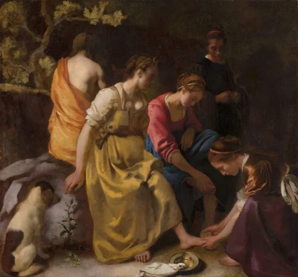 Diana and her Nymphs (1650) by Johannes Vermeer — original painting reproduced as a hand-painted oil on canvas