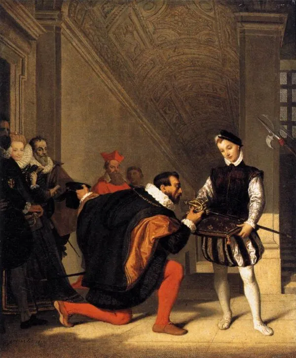 Don Pedro of Toledo Kissing Henry IV's Sword (1831) by Jean-Auguste-Dominique Ingres — original painting reproduced as a hand-painted oil on canvas