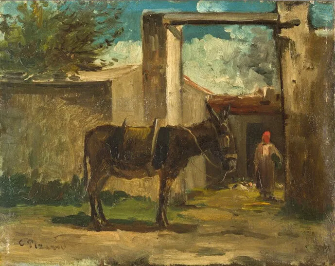 Donkey in Front of a Farm, Montmorency (1858) by Camille Pissarro — original painting reproduced as a hand-painted oil on canvas