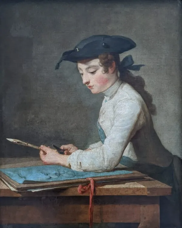 Draughtsman (1737) by Jean-Baptiste-Siméon Chardin — original painting reproduced as a hand-painted oil on canvas