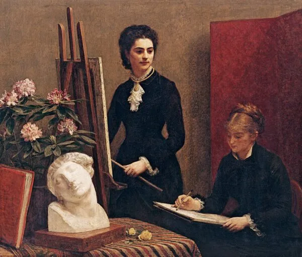 Drawing lesson in the workshop (1879) by Henri Fantin-Latour — original painting reproduced as a hand-painted oil on canvas