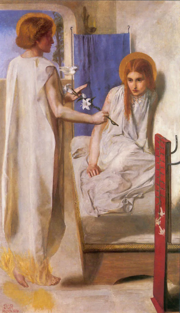 Ecce Ancilla Domini (1850) by Dante Gabriel Rossetti — original painting reproduced as a hand-painted oil on canvas