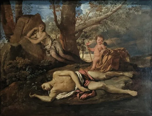 Echo and Narcissus (1629) by Nicolas Poussin — original painting reproduced as a hand-painted oil on canvas