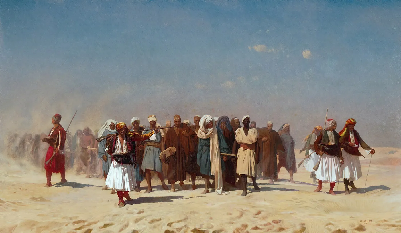 Egyptian Recruits Crossing the Desert (1857) by Jean-Léon Gérôme — original painting reproduced as a hand-painted oil on canvas