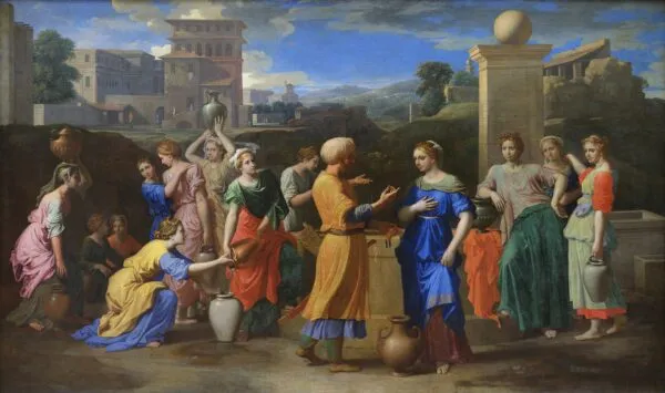 Eliezer and Rebecca (1648) by Nicolas Poussin — original painting reproduced as a hand-painted oil on canvas