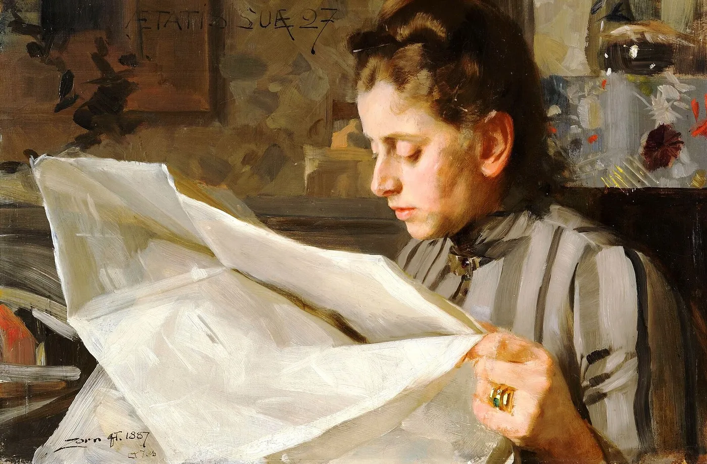 Emma Zorn, reading (1887) by Anders Zorn — original painting reproduced as a hand-painted oil on canvas