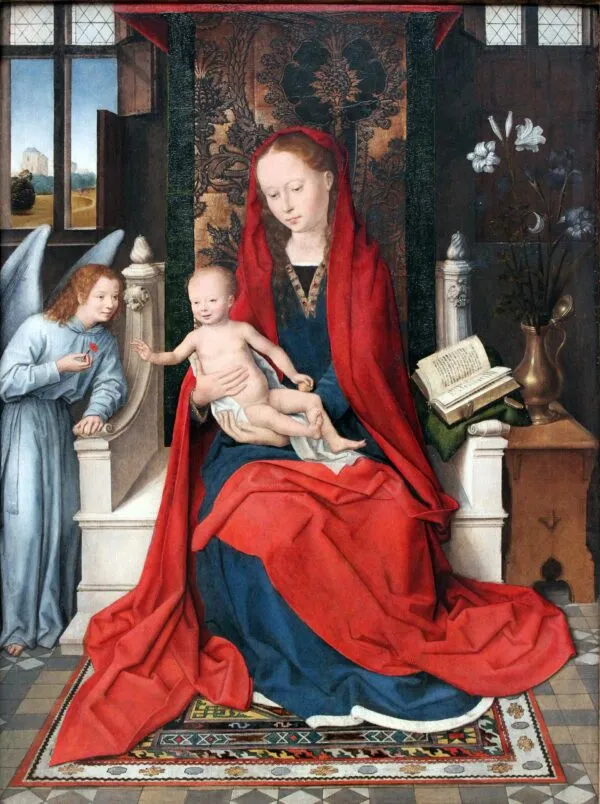 Enthroned Madonna and Child with Angel (1485) by Hans Memling — original painting reproduced as a hand-painted oil on canvas