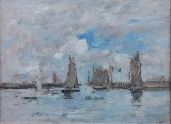 Entrance of the Harbour of Trouville (1875) by Eugène Louis Boudin — original painting reproduced as a hand-painted oil on canvas