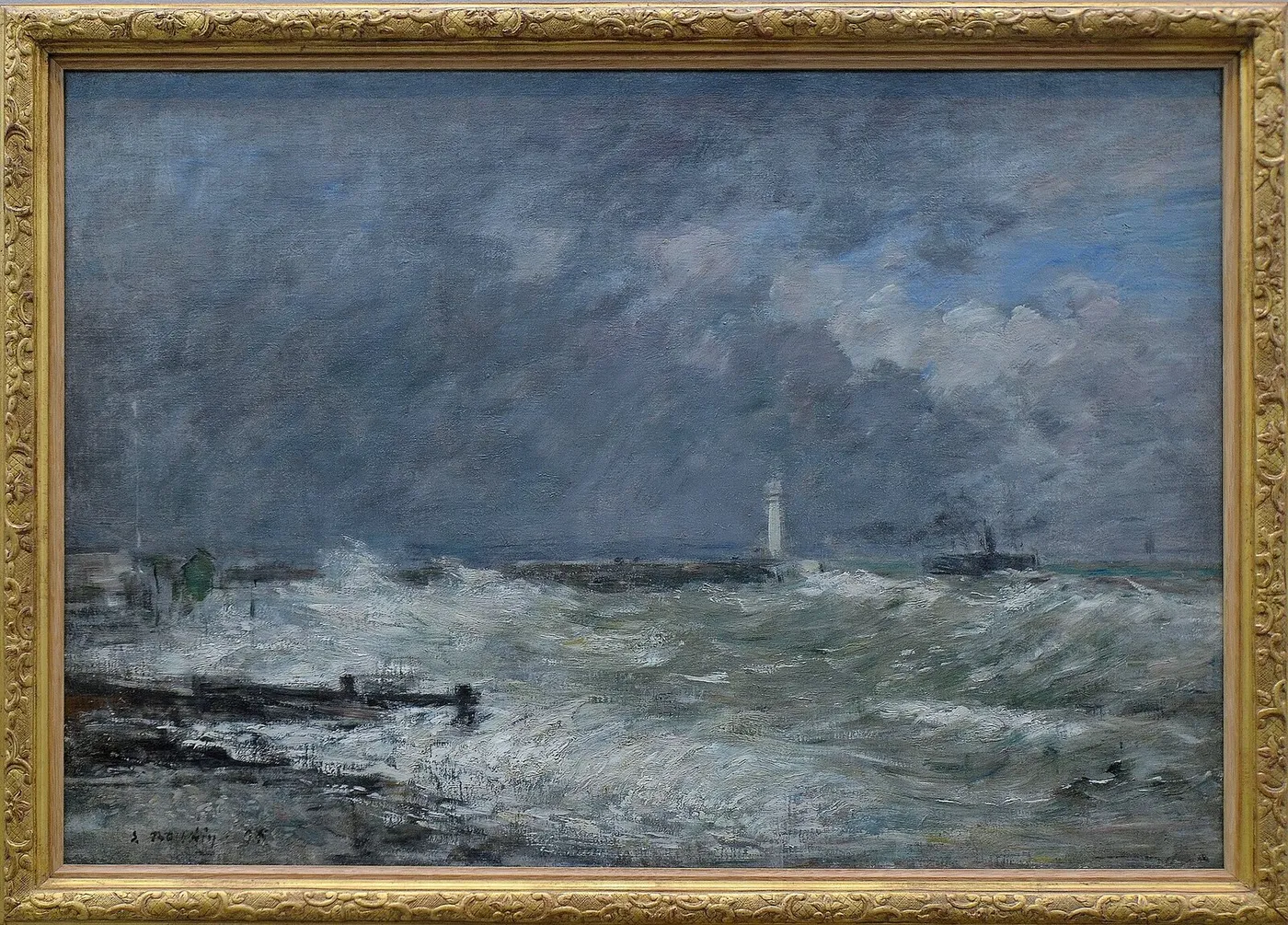 Entrance to the Le Havre piers in heavy weather (1895) by Eugène Louis Boudin — original painting reproduced as a hand-painted oil on canvas