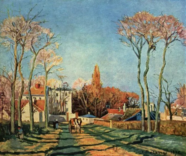 Entrance to Voisins (1872) by Camille Pissarro — original painting reproduced as a hand-painted oil on canvas