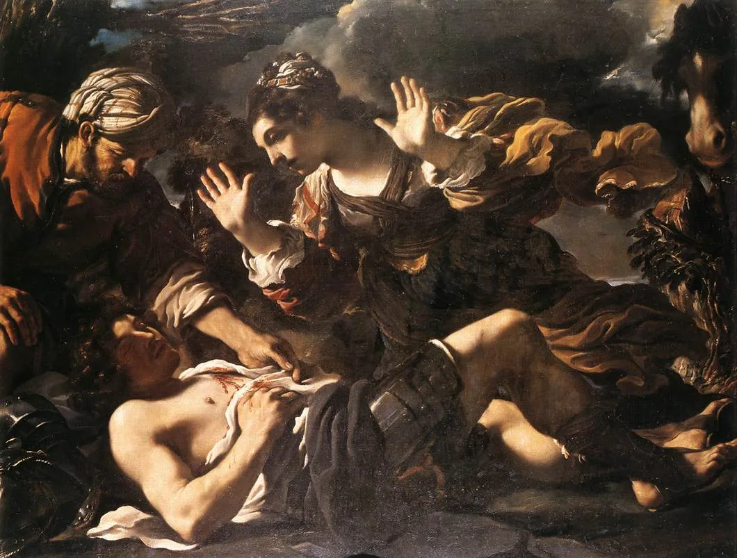 Erminia Finding the Wounded Tancred (1618) by Guercino — original painting reproduced as a hand-painted oil on canvas