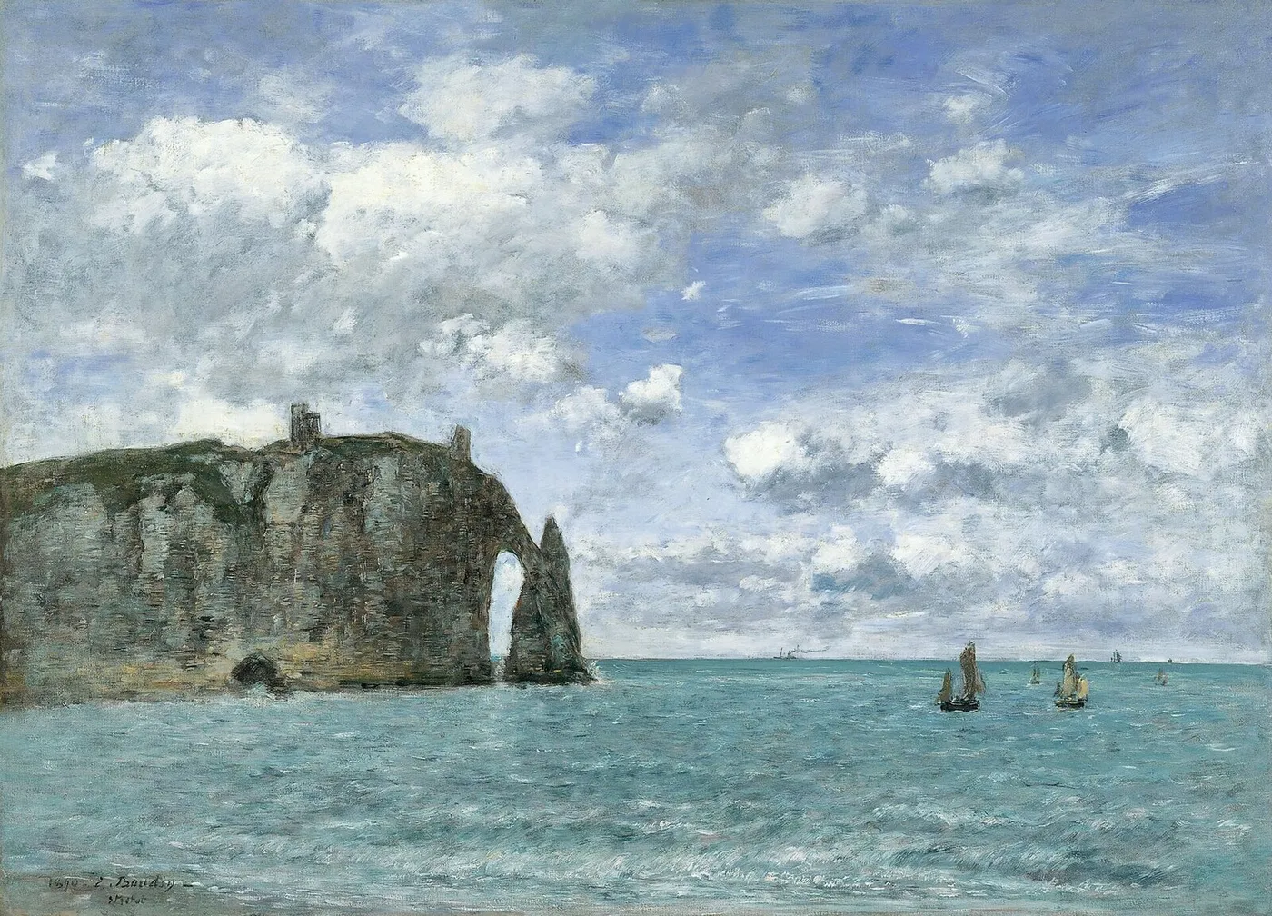 Étretat. The Cliff of Aval (1890) by Eugène Louis Boudin — original painting reproduced as a hand-painted oil on canvas