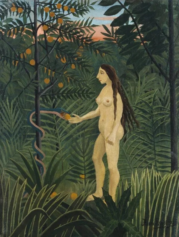 Eve and the Serpent (1900) by Henri Rousseau — original painting reproduced as a hand-painted oil on canvas